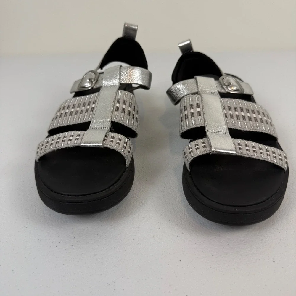 FITFLOP F-MODE METALLIC-LEATHER/WEBBING FLATFORM FISHERMAN SANDALS Women's 9 US